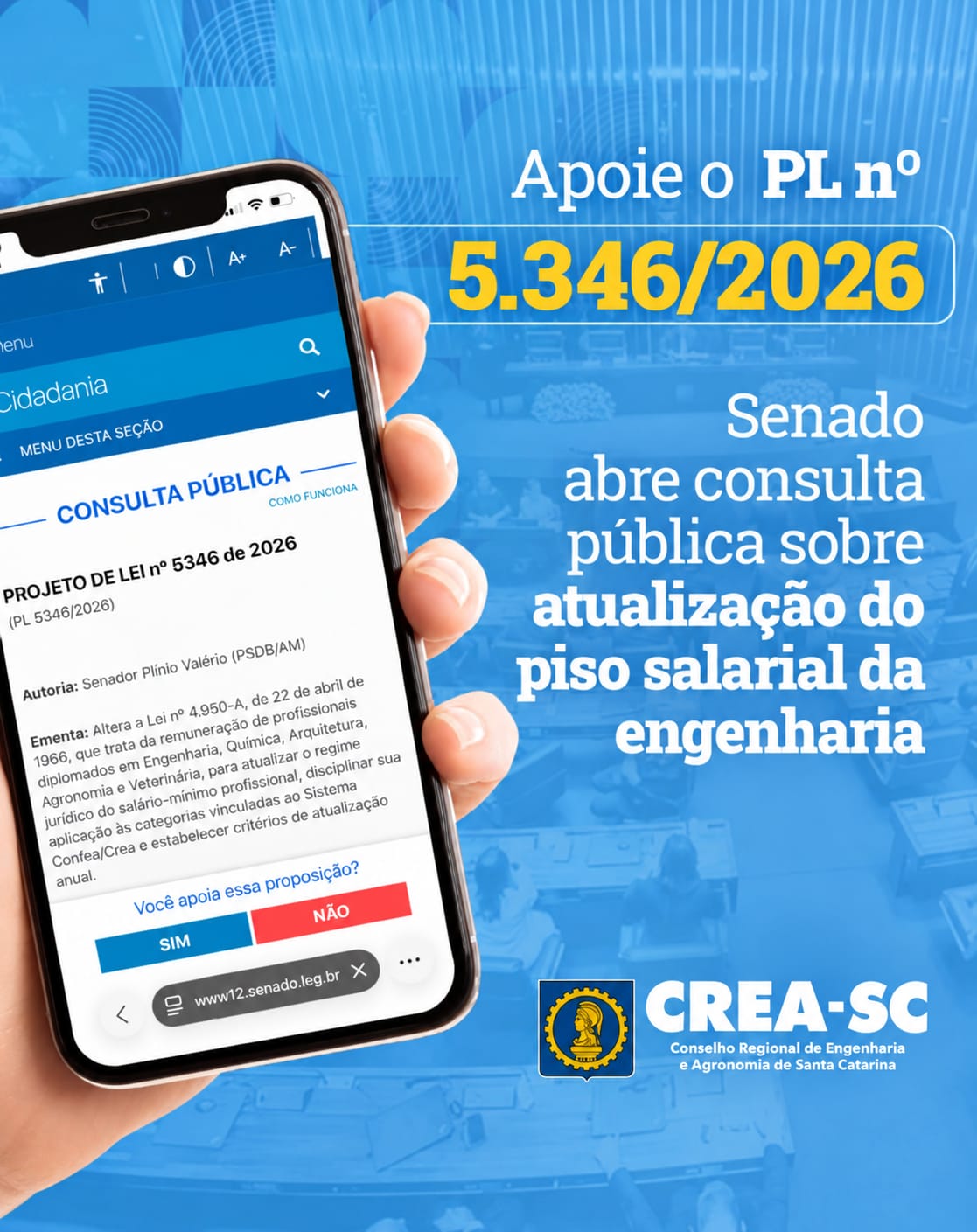 CREA-SC divulga o PL 5.346 de 2026 sobre salário mínimo profissional